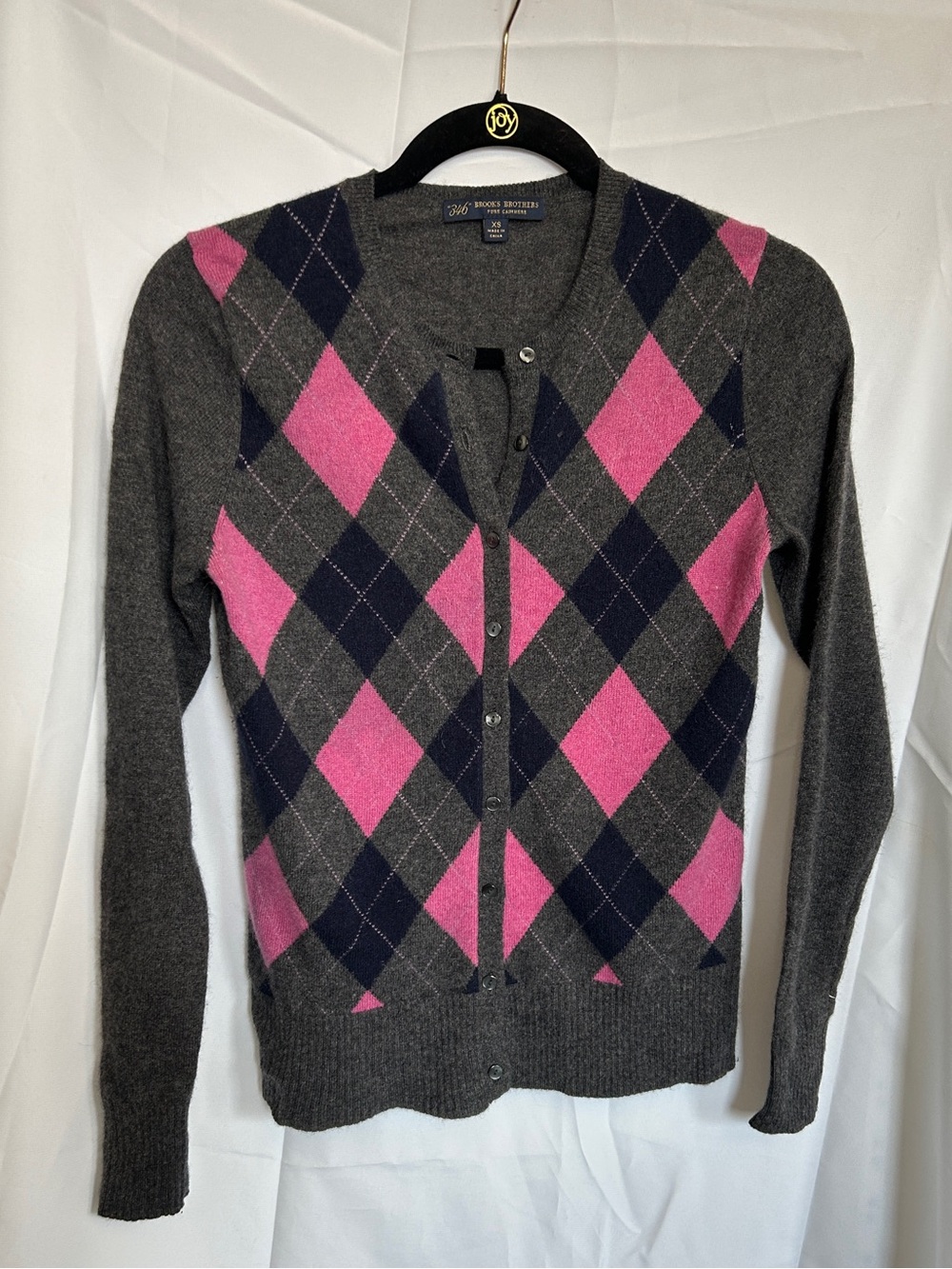 Brooks Brothers grey and pink argyle cashmere cardigan sweater Size XS
